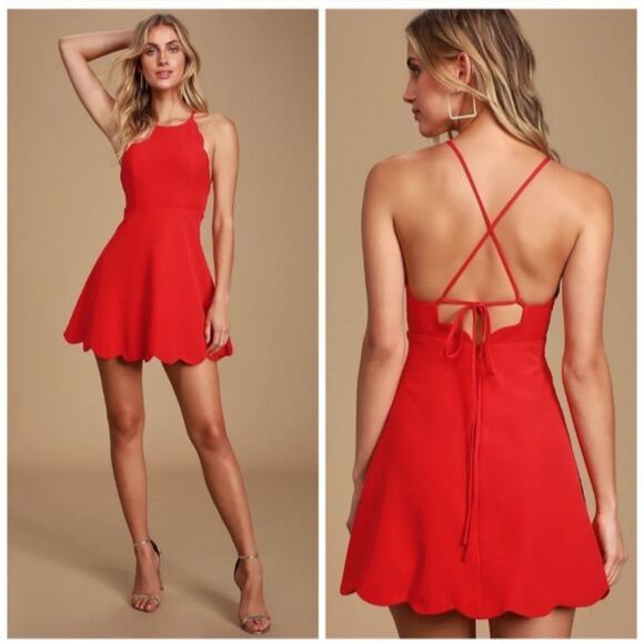 NWT Lulus Play On Curves Red Backless Scalloped Mini Dress S Sleeveless - Picture 1 of 14